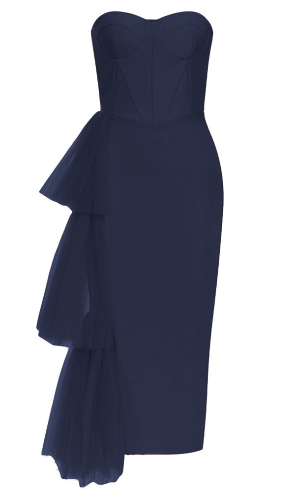 Strapless Bustier Mesh Detail Midi Dress Navy Blue - Luxe Midi Dresses ...