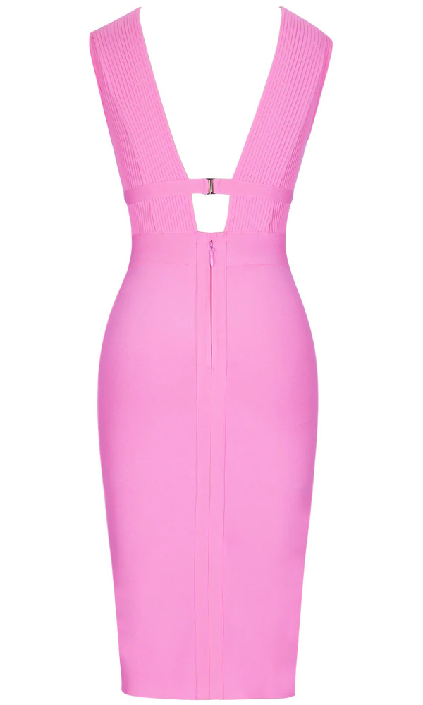Ribbed Plunge V Neck Midi Bandage Dress Pink - Luxe Midi Dresses and ...