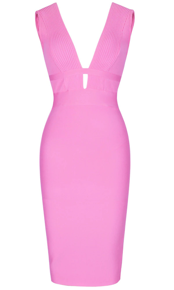 Ribbed Plunge V Neck Midi Bandage Dress Pink - Luxe Midi Dresses and ...