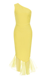 One Shoulder Mesh Ruffle Maxi Dress Yellow