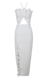 Halter Flower Ruffle Detail Maxi Dress White