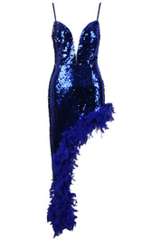 Feather Detail Sequin Maxi Dress Blue
