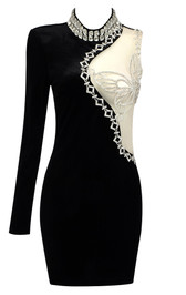 One Sleeve Embellished Velvet Dress Black