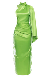 One Sleeve Ruffle Detail Maxi Dress Green