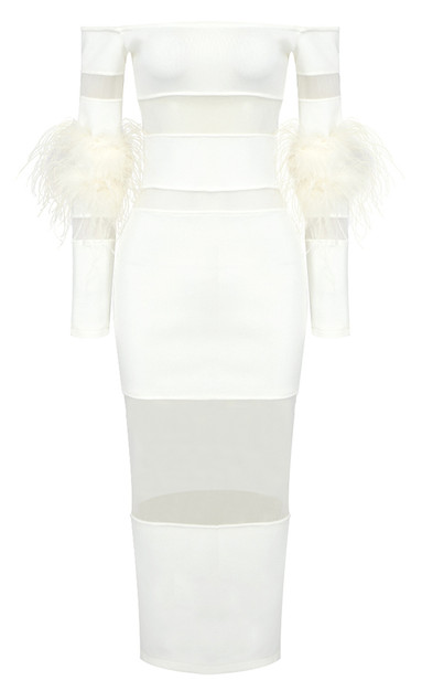 White Lace & Feather Midi Dress