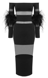 Feather Long Sleeve Off Shoulder Midi Dress Black
