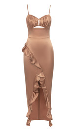 Ruched Bustier Ruffle Detail Maxi Dress Brown