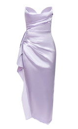 Strapless Draped Ruffle Midi Dress Lavender