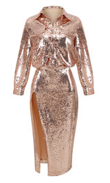 Long Sleeve Sequin Two Piece Midi Dress Gold