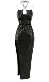 Halter Lace Up Sequin Maxi Dress Black