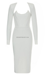 Long Sleeves Corset Design Midi Dress White