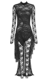 Long Sleeve Maxi Lace Velvet Dress Black