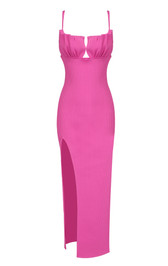 Draped Bustier Ribbed Midi Dress Hot Pink