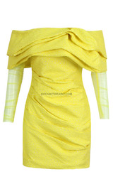 Long Sleeve Draped Off Shoulder Sparkly Dress Yellow