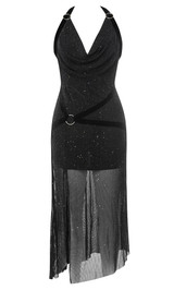 Halter Sparkly A Line Midi Dress Black 