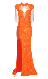 Tassel Detail Sequin Mermaid Maxi Dress Orange