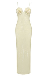 Flower Bustier Sequin Maxi Dress Ivory