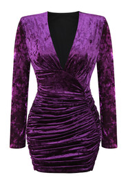 Long Sleeve Ruched Velvet Dress Purple