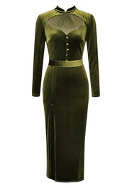 Long Sleeve Midi Velvet Dress Green