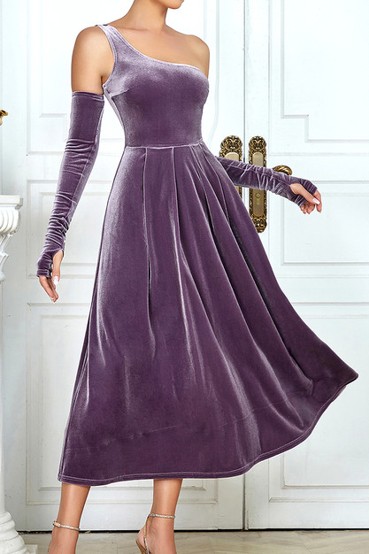 One Shoulder A Line Midi Velvet Dress Purple-