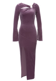Long Sleeve Pearl Detail Maxi Velvet Dress Purple
