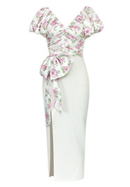 Floral Short Sleeve Ruched Bow Midi Dress White