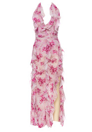 Floral Halter Ruffle Maxi Dress Pink
