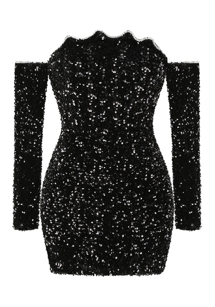 Chic Long Sleeves Black Crystal Sequins Mini Prom Dresses,PD21046 –  luladress