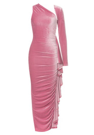 One Sleeve Ruffle Ruched Maxi Velvet Dress Pink