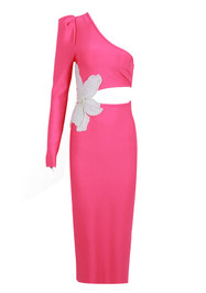 One Sleeve Pearl Flower Midi Dress Hot Pink