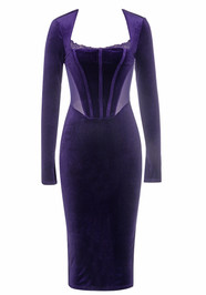 Long Sleeve Lace Corset Midi Velvet Dress Purple
