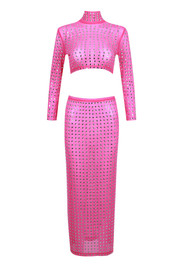 Long Sleeve Crystal Midi Two Piece Dress Hot Pink