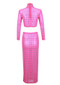 Long Sleeve Crystal Midi Two Piece Dress Hot Pink