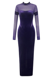 Long Sleeve Mesh Insert Maxi Velvet Dress Purple