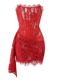 Strapless Lace Draped Corset Dress Red