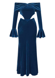 Long Sleeve Off Shoulder Maxi Velvet Dress Blue