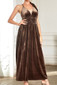 Halter A Line Maxi Velvet Dress Brown