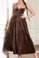 Halter A Line Maxi Velvet Dress Brown