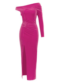 One Sleeve Draped Maxi Velvet Dress Hot Pink