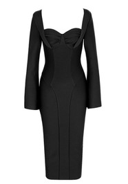 Long Sleeve Draped Bustier Midi Dress Black