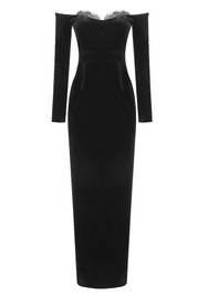 Long Sleeve Lace Insert Maxi Velvet Dress Black