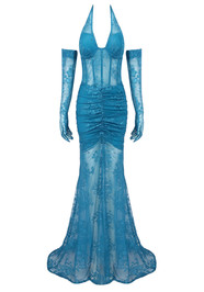 Halter Bustier Lace Mermaid Maxi Dress Blue