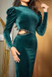 Puff Long Sleeve Lace Insert Midi Velvet Dress Green