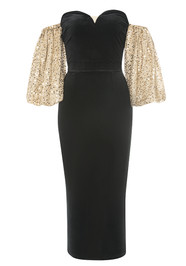 Sequin Puff Sleeve Midi Velvet Dress Black Gold