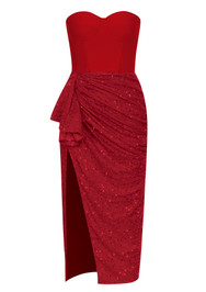 Strapless Bustier Draped Sequin Midi Dress Red