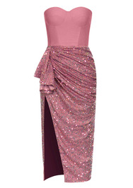 Strapless Bustier Draped Sequin Midi Dress Pink