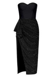 Strapless Bustier Draped Sequin Midi Dress Black