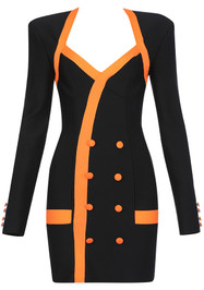 Long Sleeve Button Detail Dress Black Orange