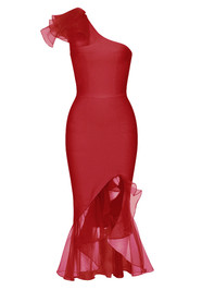 One Shoulder Mesh Ruffle Midi Dress Red