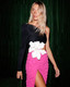 One Sleeve Flower Maxi Dress Black Hot Pink